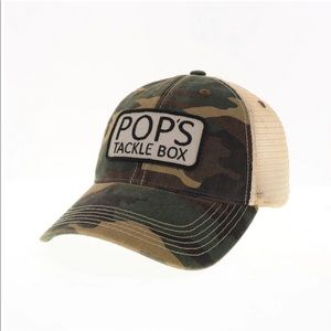Unisex Camouflage trucker hat w/ front patch and khaki mesh back.